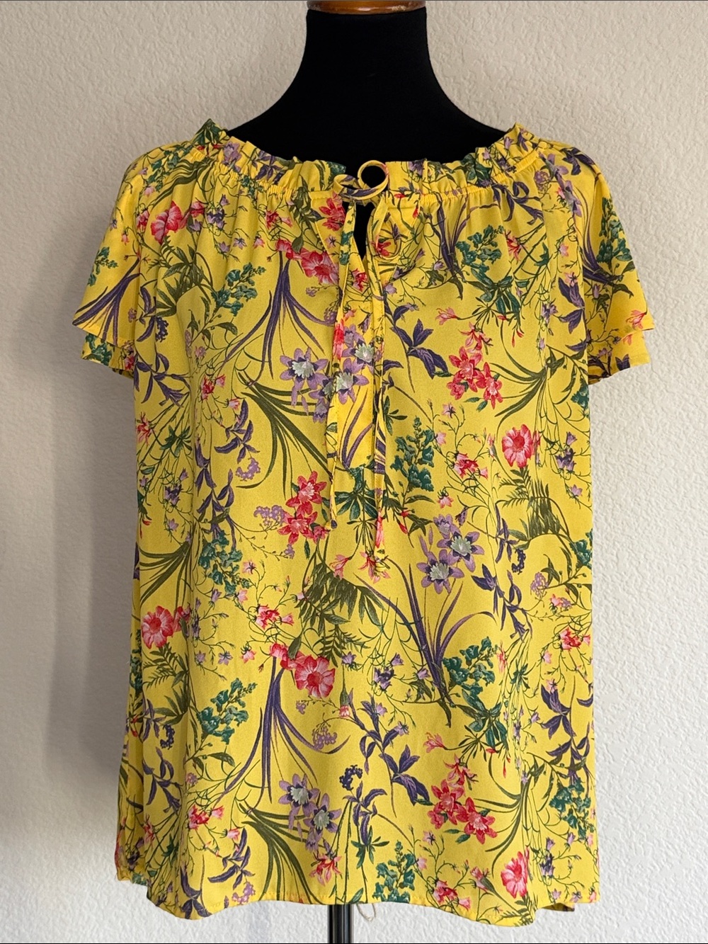 Counterparts Yellow Floral Tie-Neck Peasant Blouse